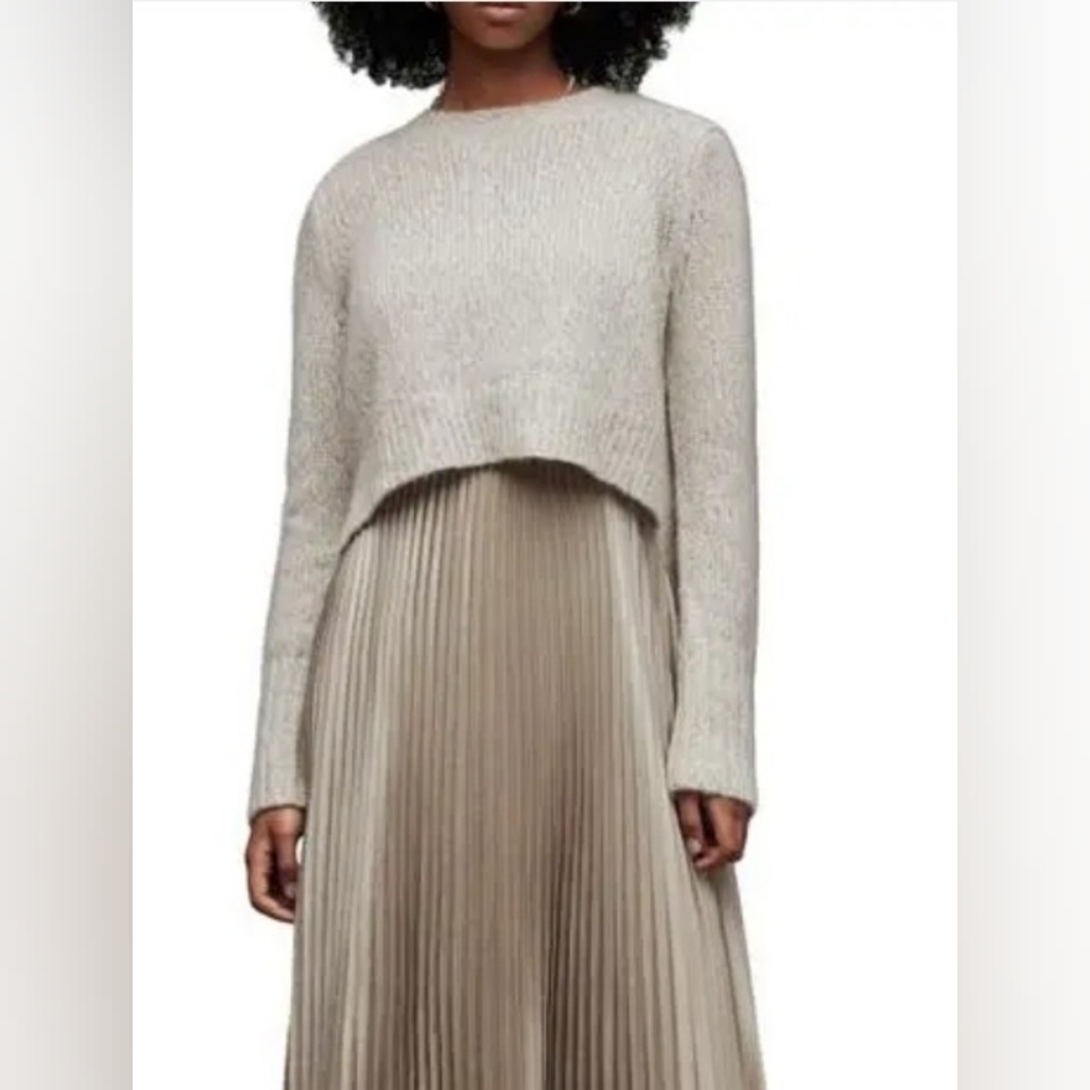AllSaints Silvi Cropped Metallic Knit Sweater Small Silver Shimmer